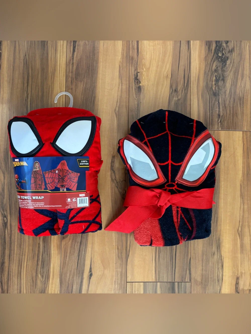 Marvel Kids Spider-Man and Miles Morales Red and Black Hooded Towel Wrap